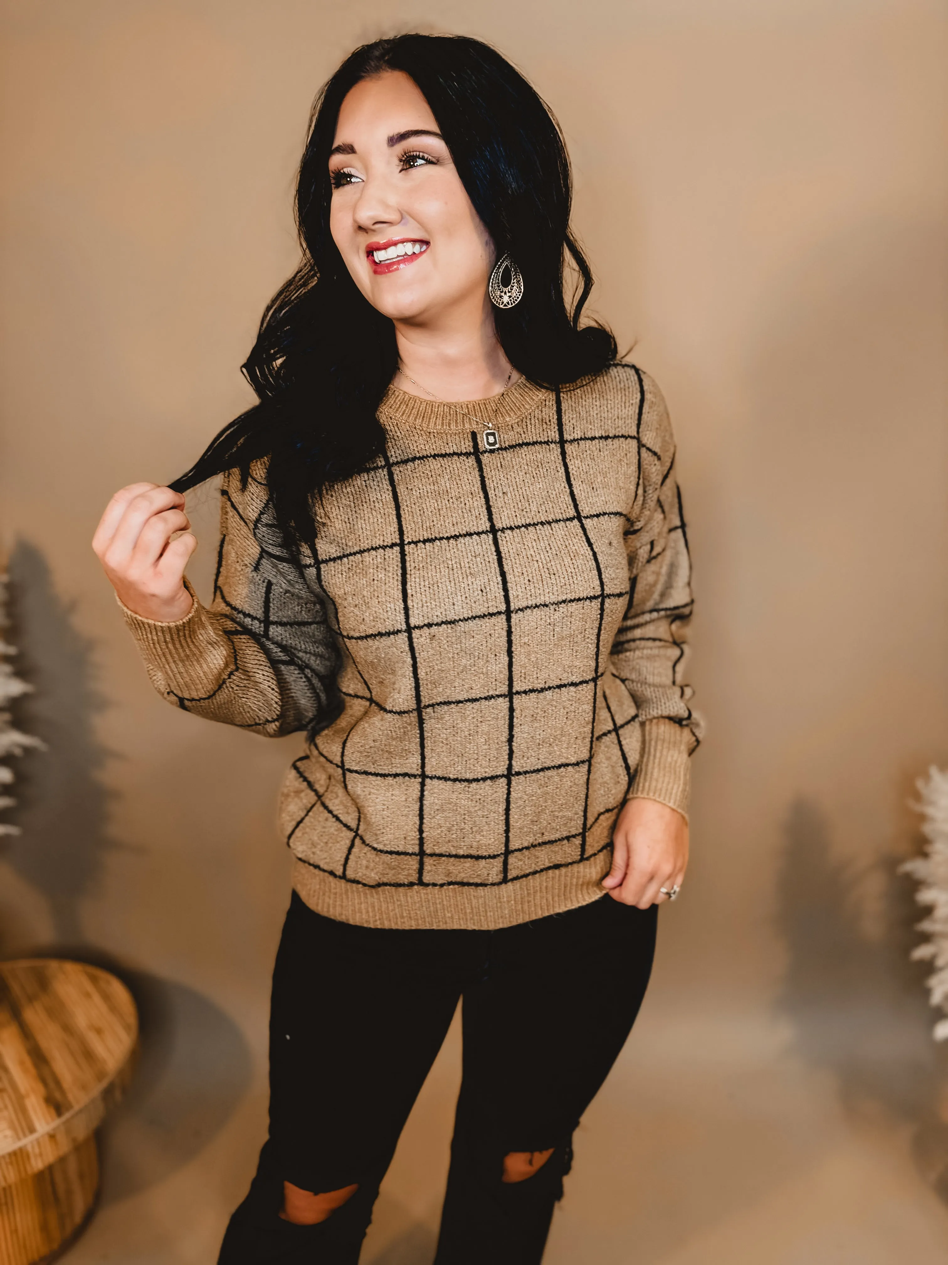 Grid Print Long Sleeve Sweater - Khaki/Black