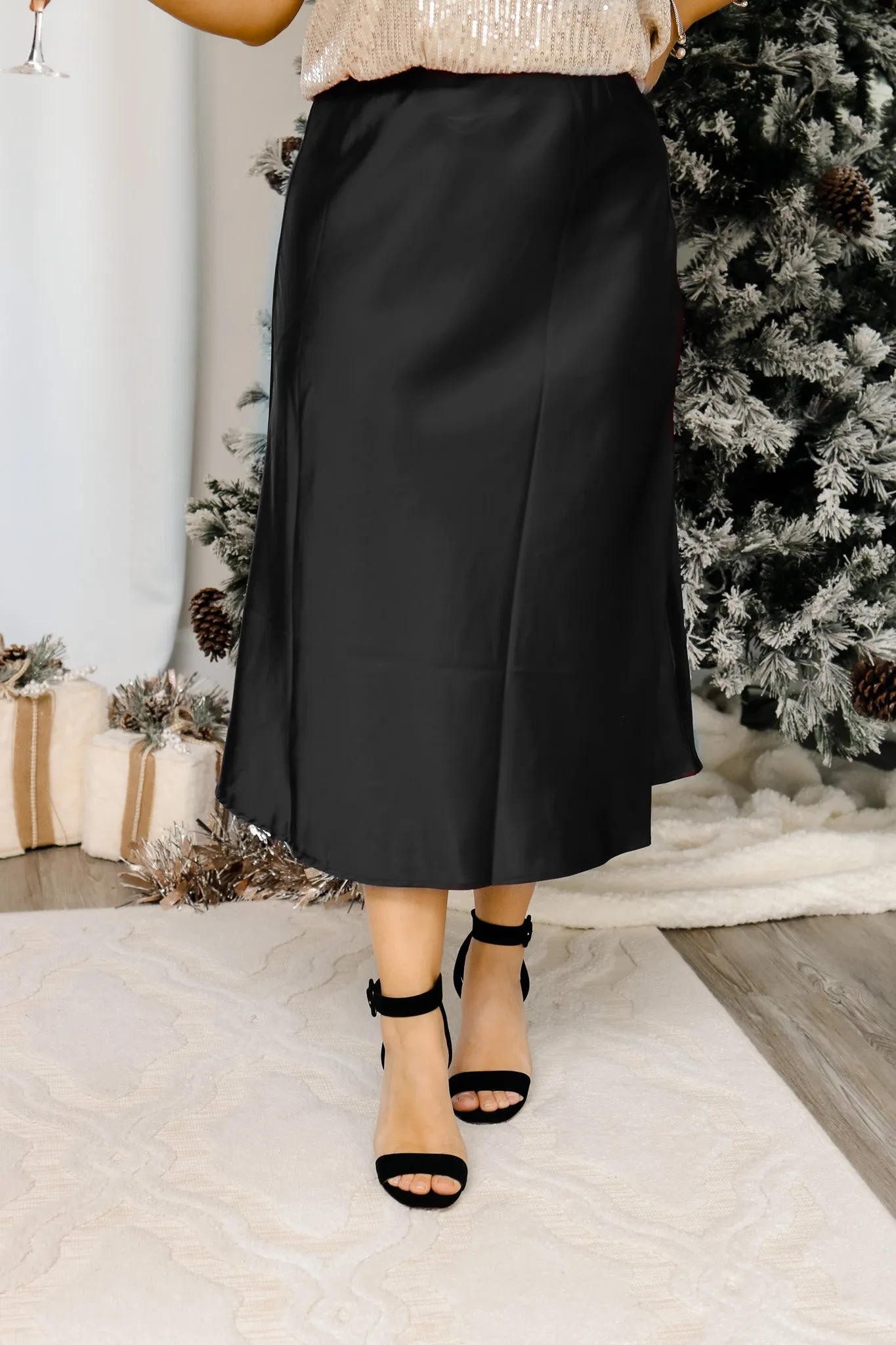 Imagine This Black Satin Skirt