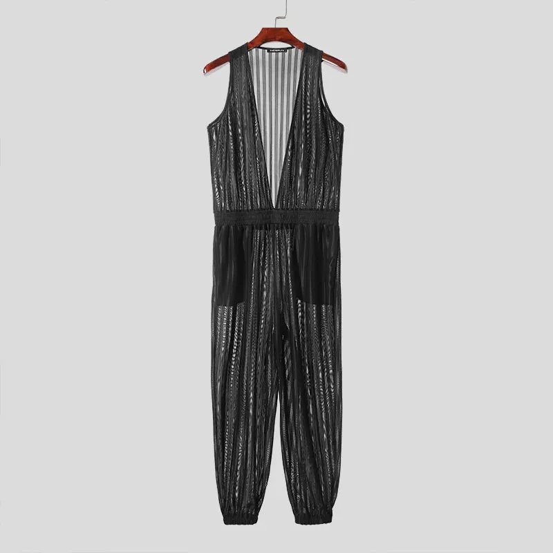 INCERUN 2024 American Style Jumpsuits Mens Striped Perspective Design Rompers Stylish Streetwear Hot Sale Deep V Jumpsuits S-5XL