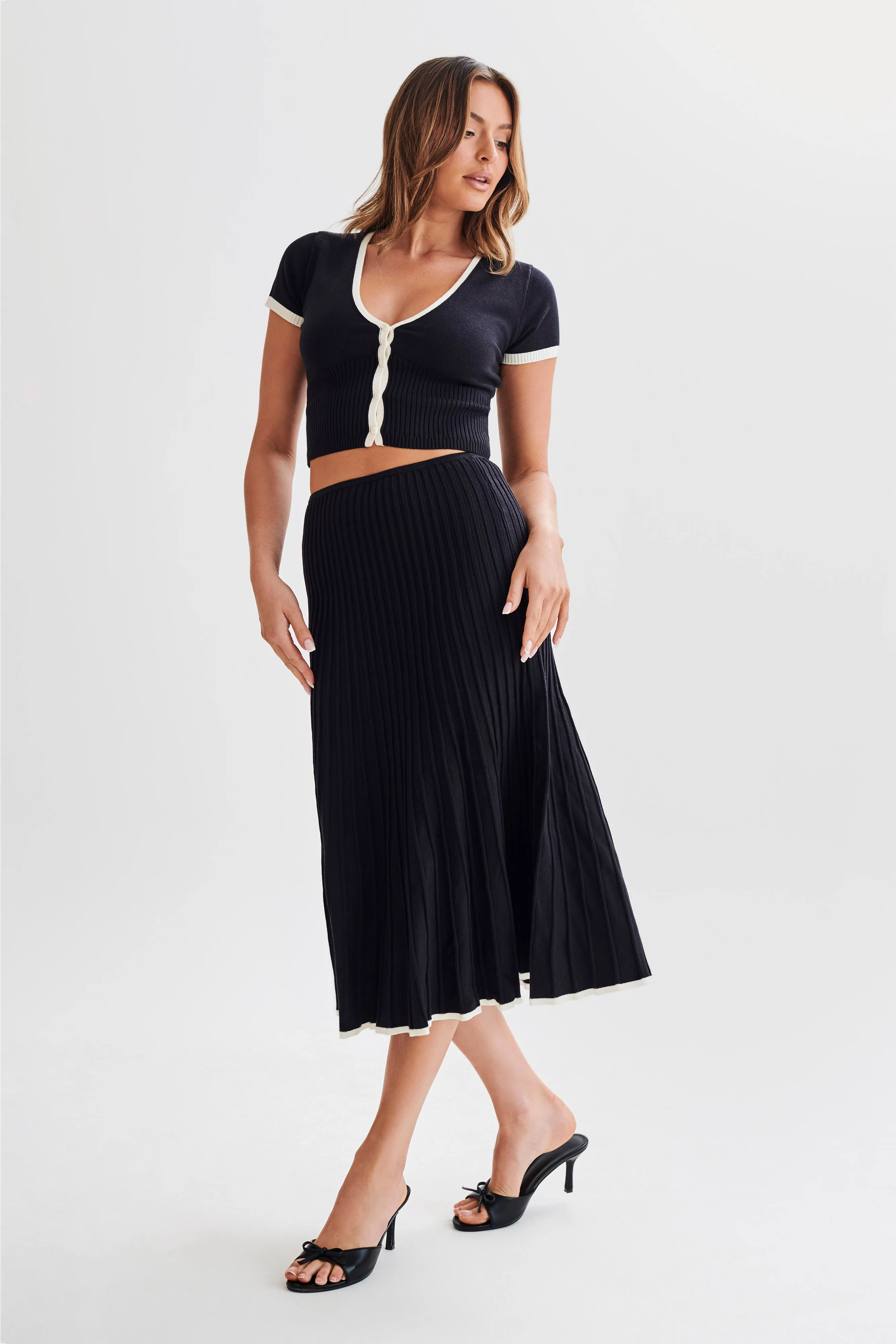 Jolene Contrast Rib Knit Midi Skirt - Black