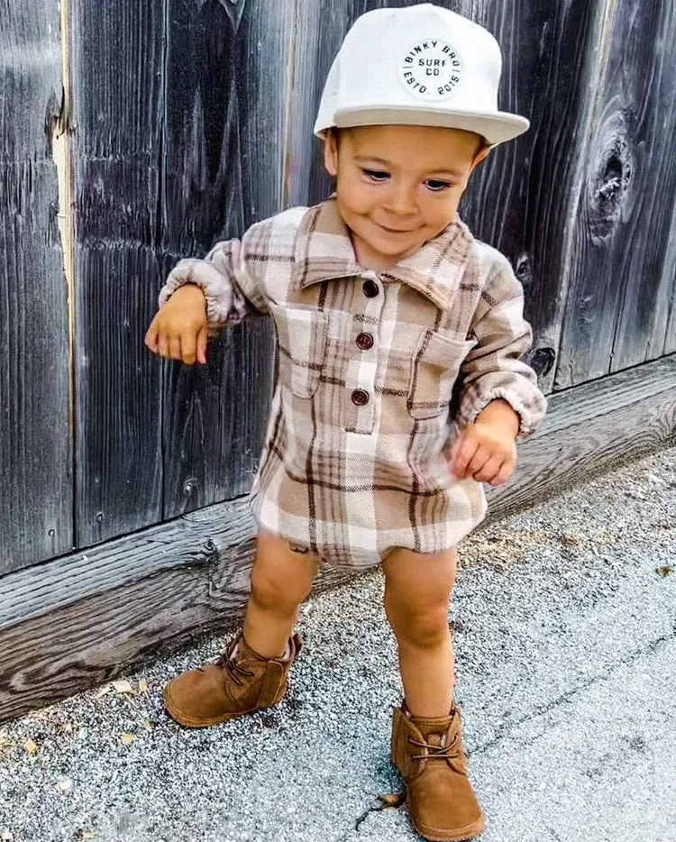 Kids Dark Tan Plaid Romper