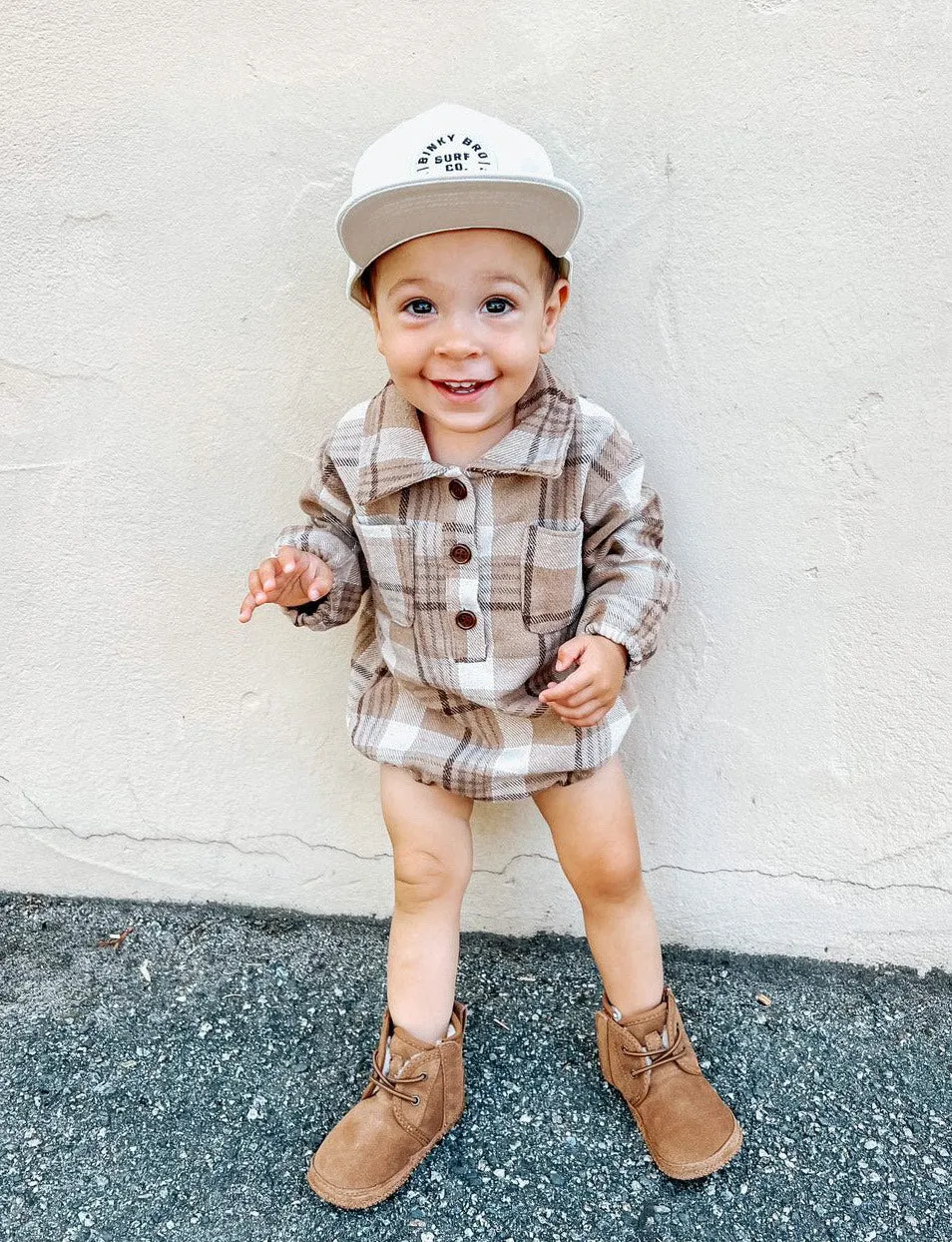 Kids Dark Tan Plaid Romper