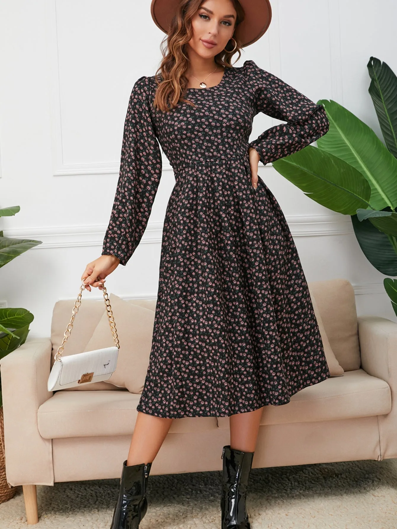 KittenAlarm - Knit Rib Puff Sleeve Flare Dress