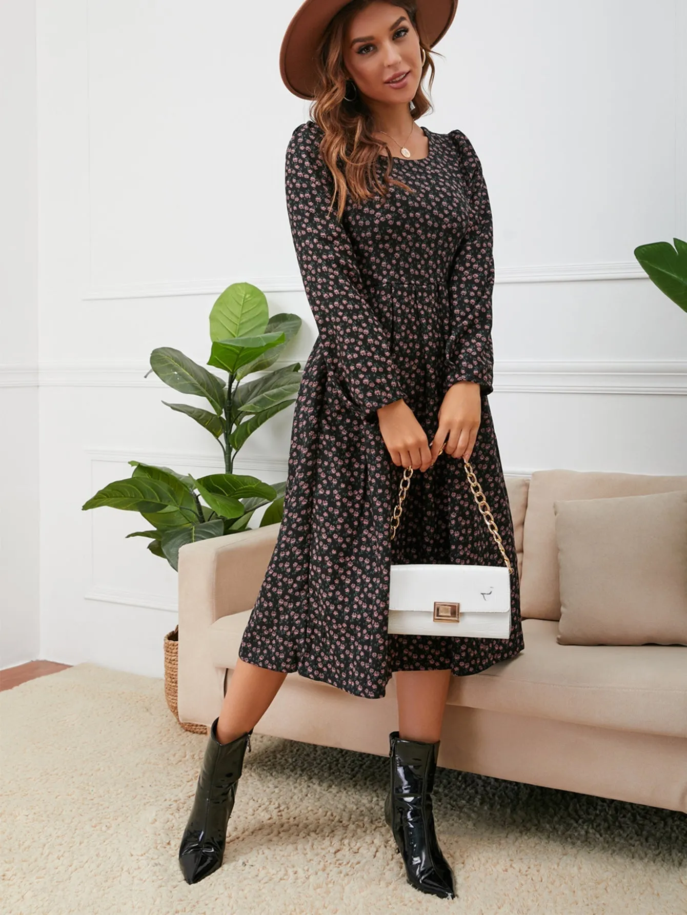 KittenAlarm - Knit Rib Puff Sleeve Flare Dress