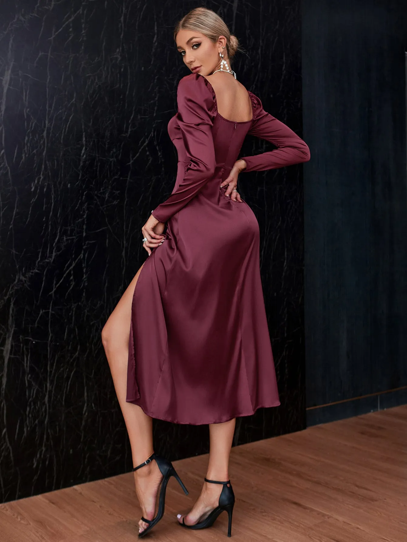 KittenAlarm - Sweetheart Neck Split Thigh Satin Dress