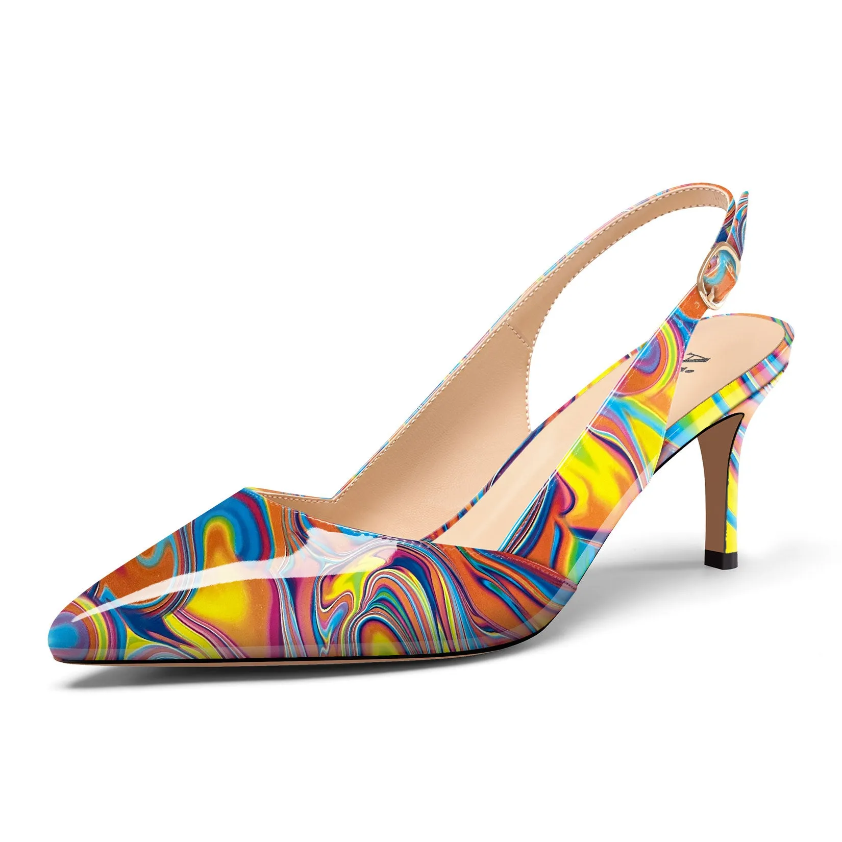 Ladies' Pointed Toe Slingback Pumps 2.3-Inch Heel, Alluringly Sleek with Patent Leather Finish, Colorful Prints Fashionably Versatile Shoes