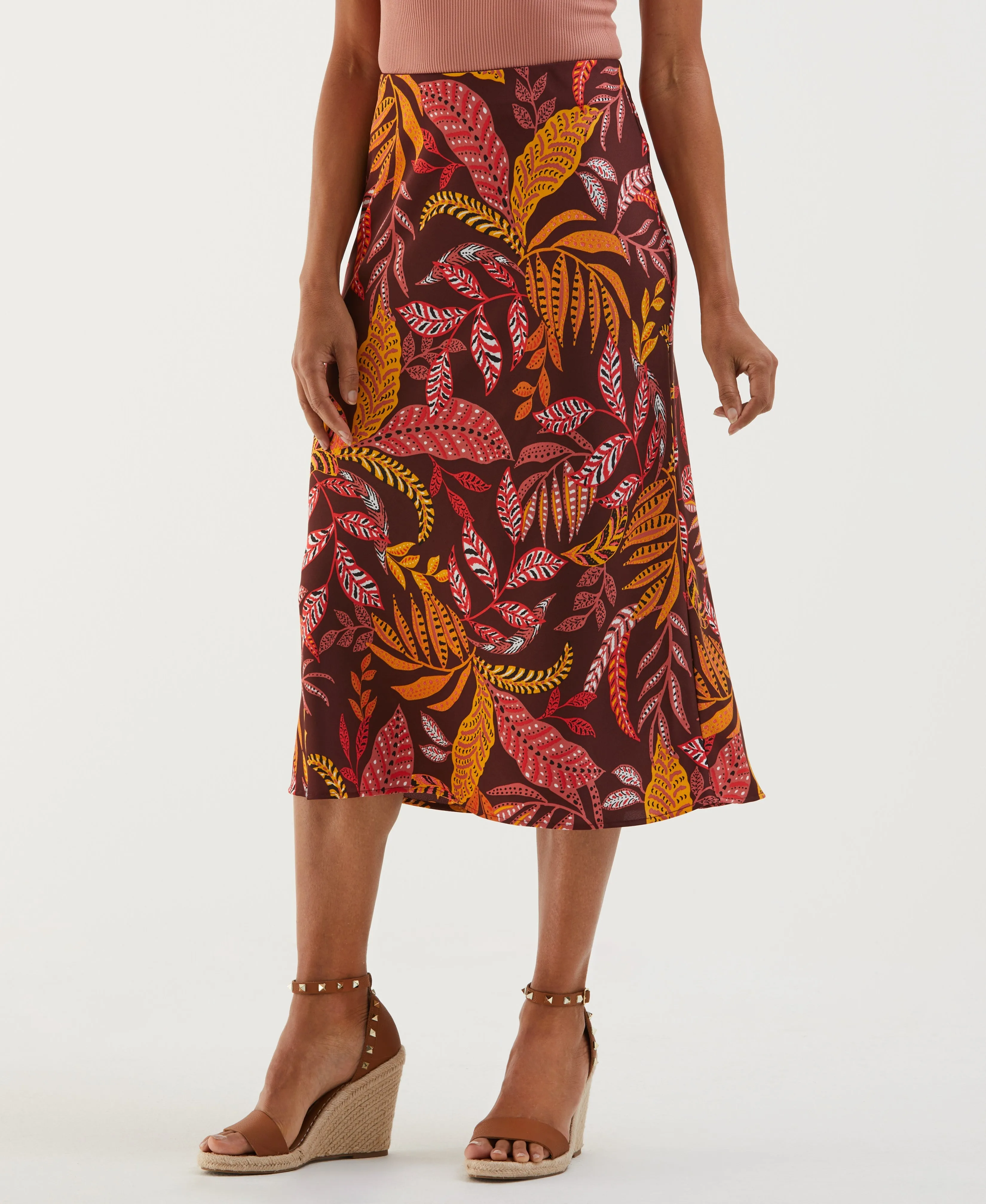 Leaf Print Shine Midi Bias Skirt