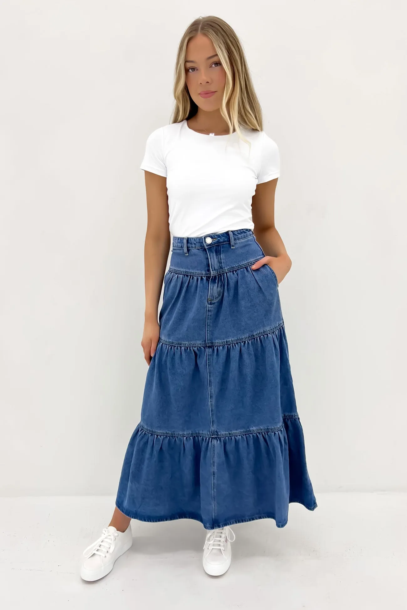 Leela Denim Midi Skirt Mid Blue