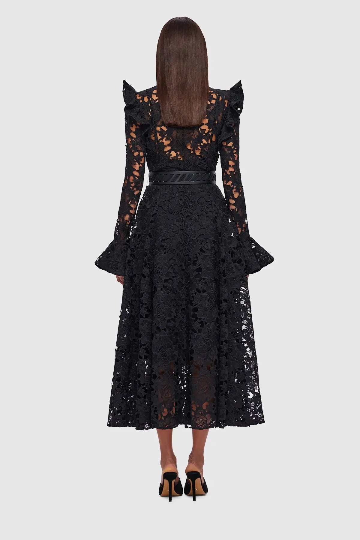 Leo Lin Aliyah Lace Butterfly Sleeve Midi Dress - Ebony