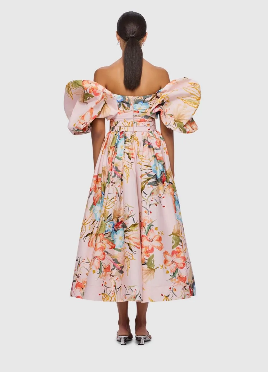 Leo Lin Matilda Puff Sleeve Midi Dress - Opulent Print in Blush