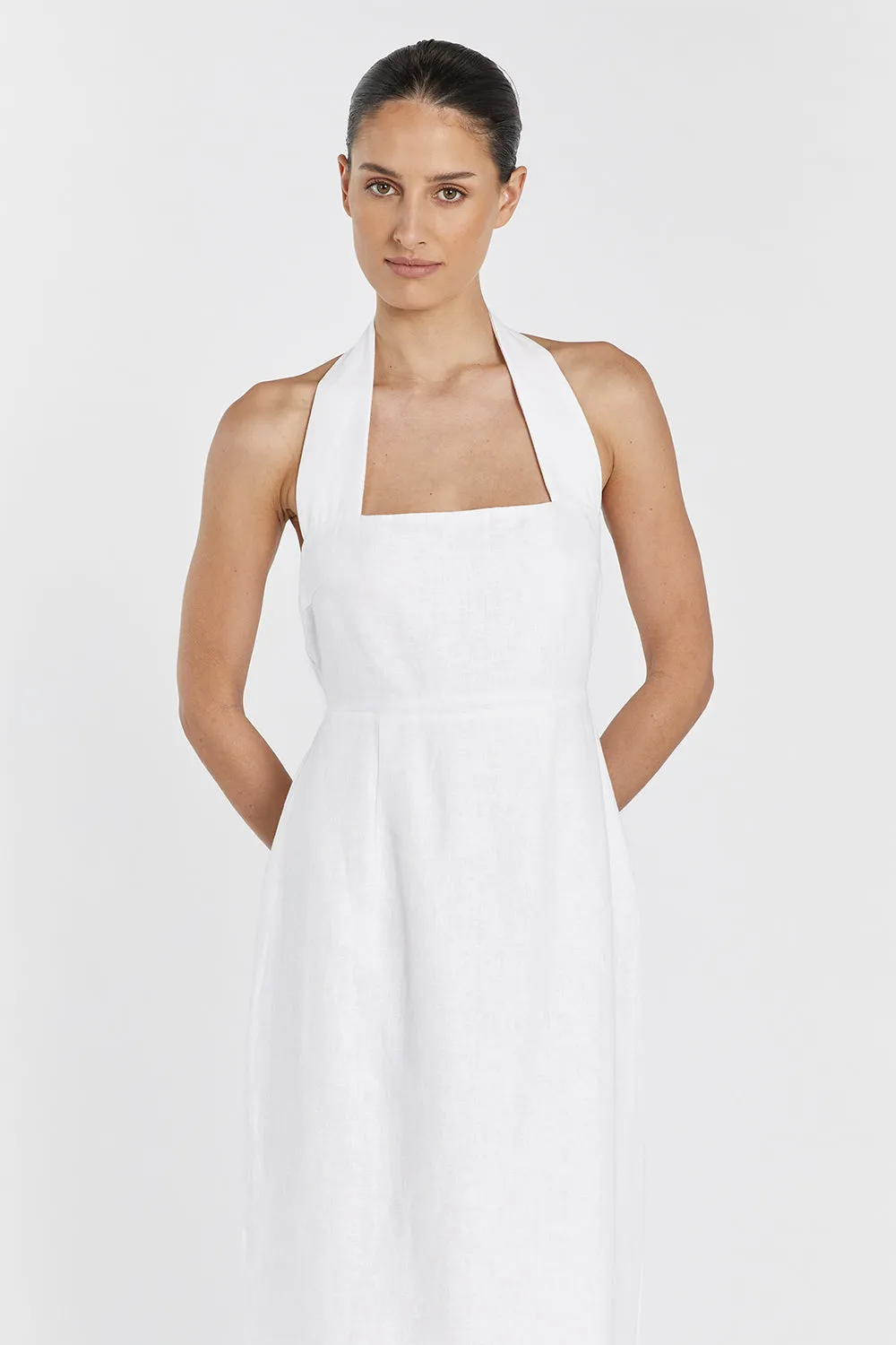 LEO WHITE HALTER LINEN MIDI DRESS