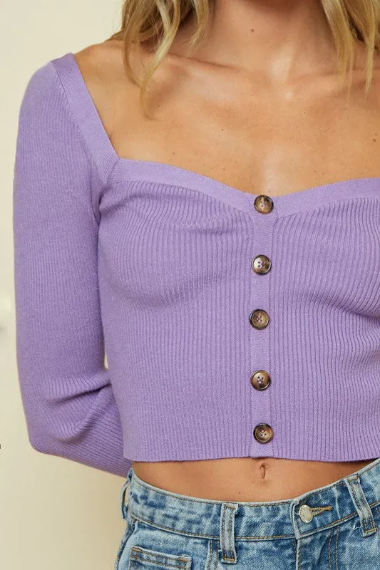 Light Purple Heart Neck Button Detail Sweater Crop Top