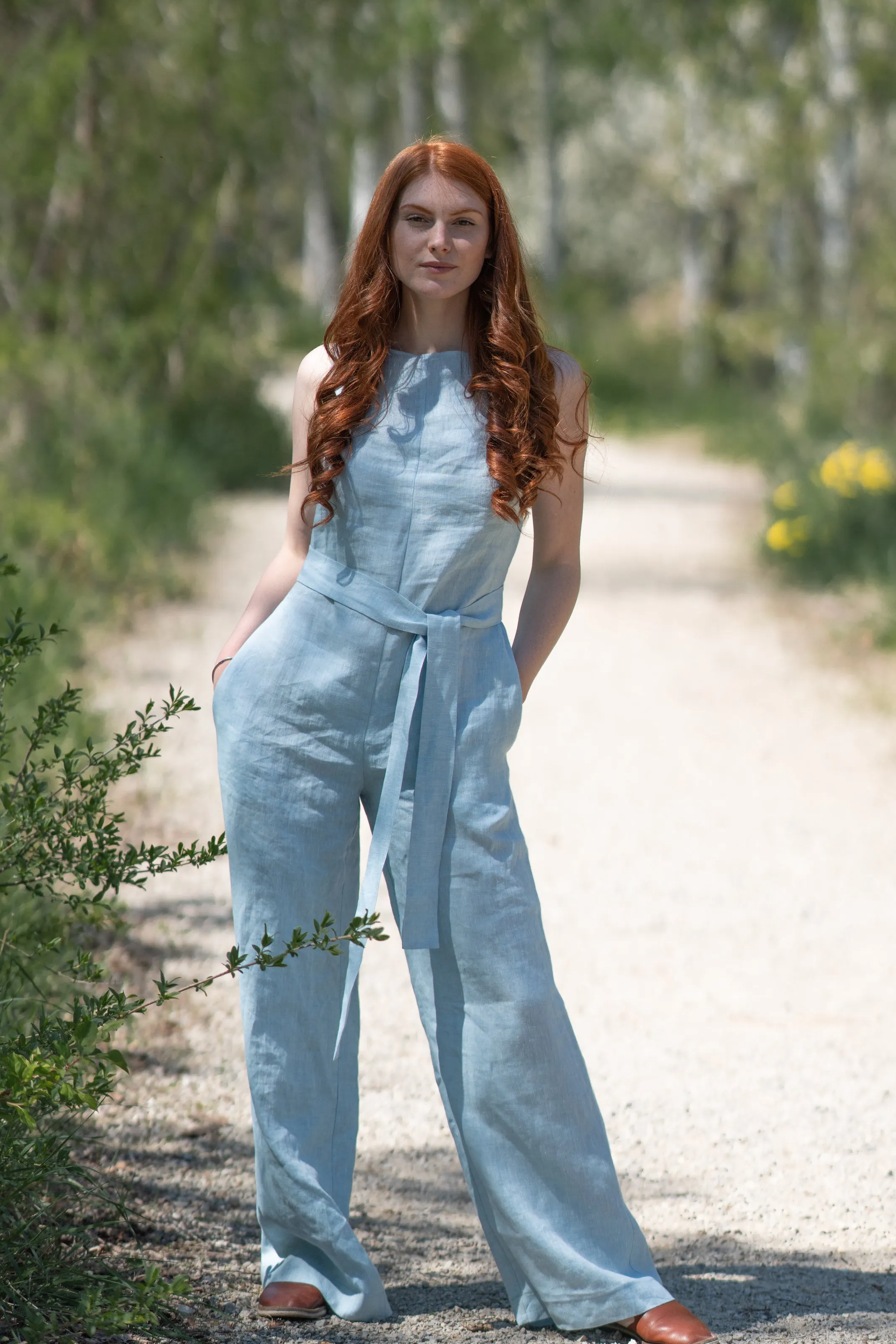 Linen Jumpsuit with Tie Belt