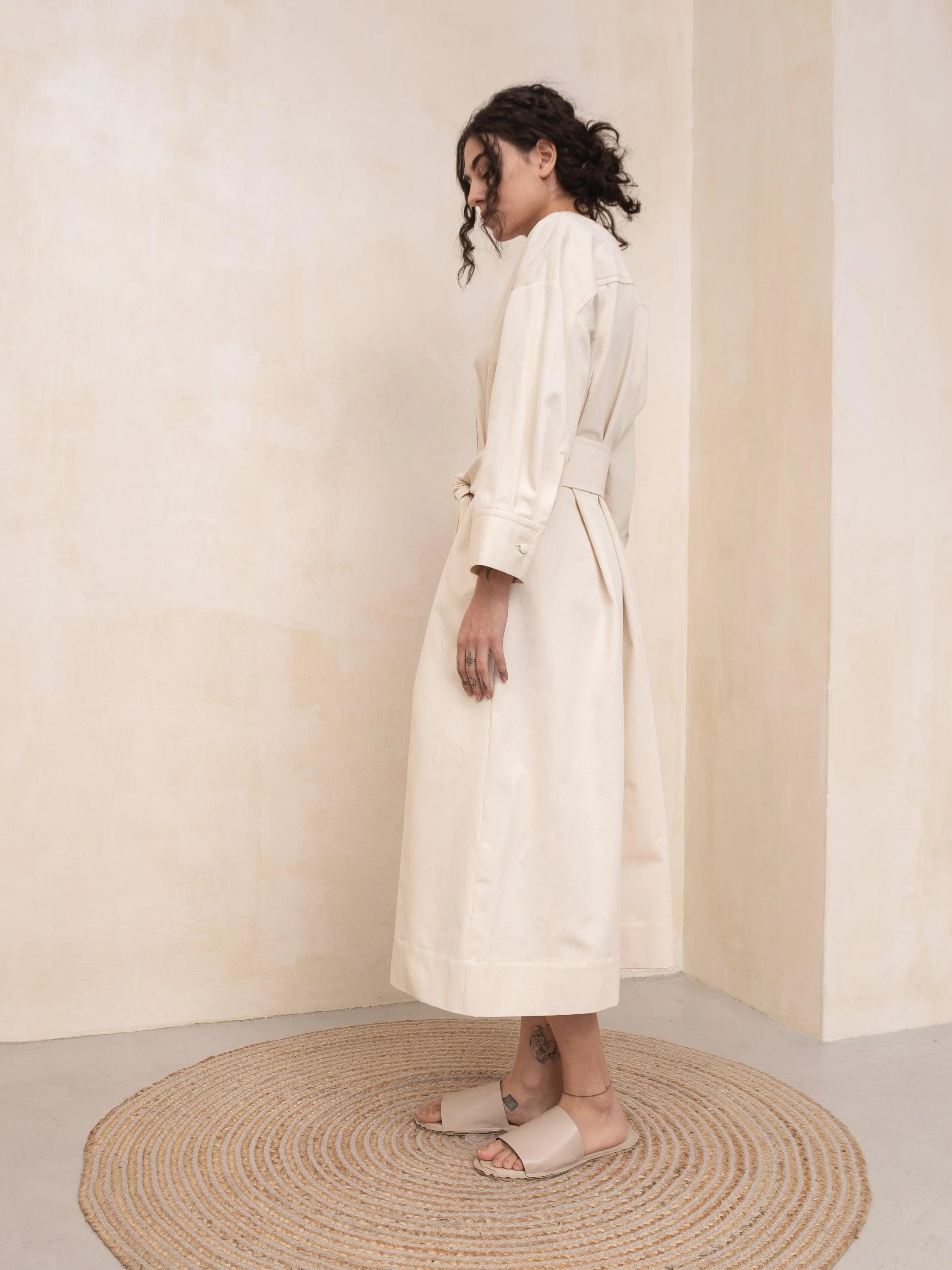 Liza Cotton Quarter Sleeves Dress-Trench Belted