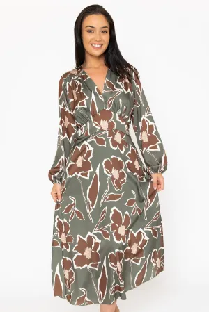 Long Sleeve Cliodhna Midi Dress Sateen Khaki Print