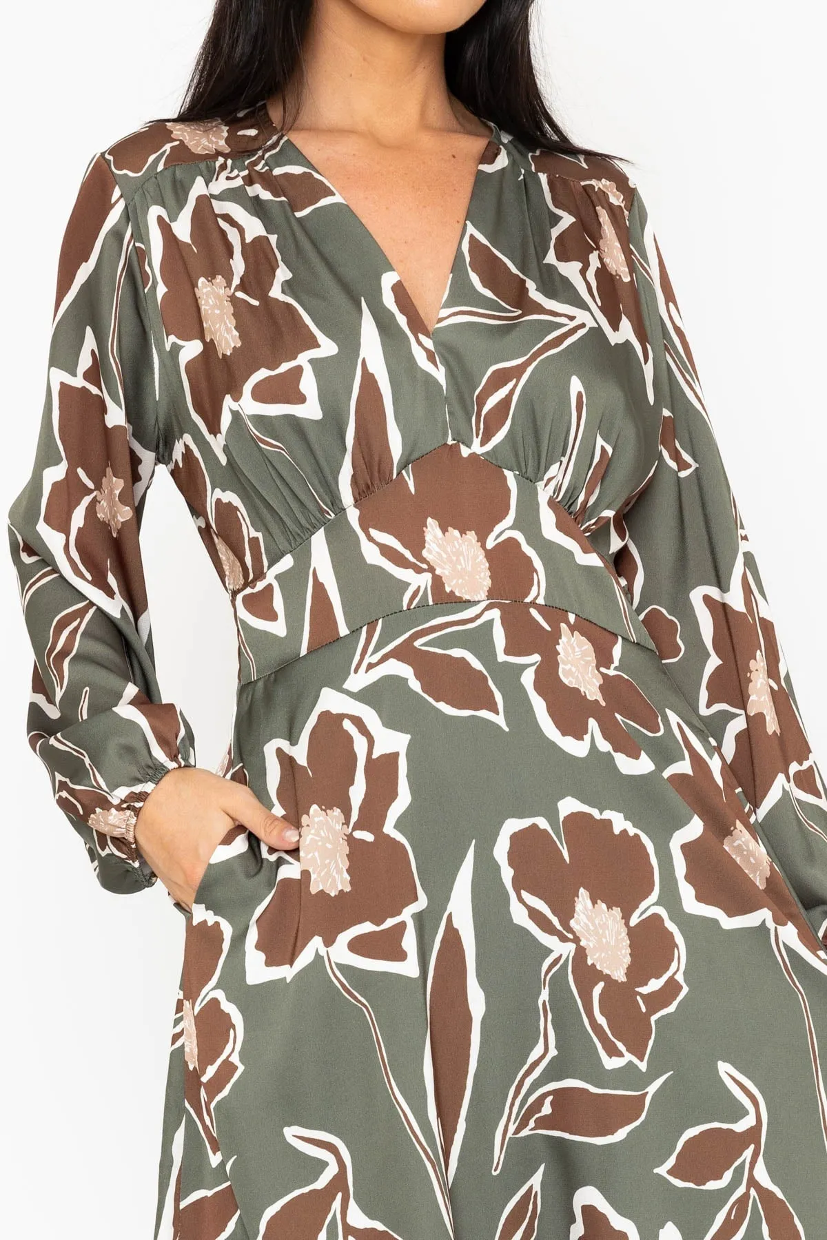 Long Sleeve Cliodhna Midi Dress Sateen Khaki Print