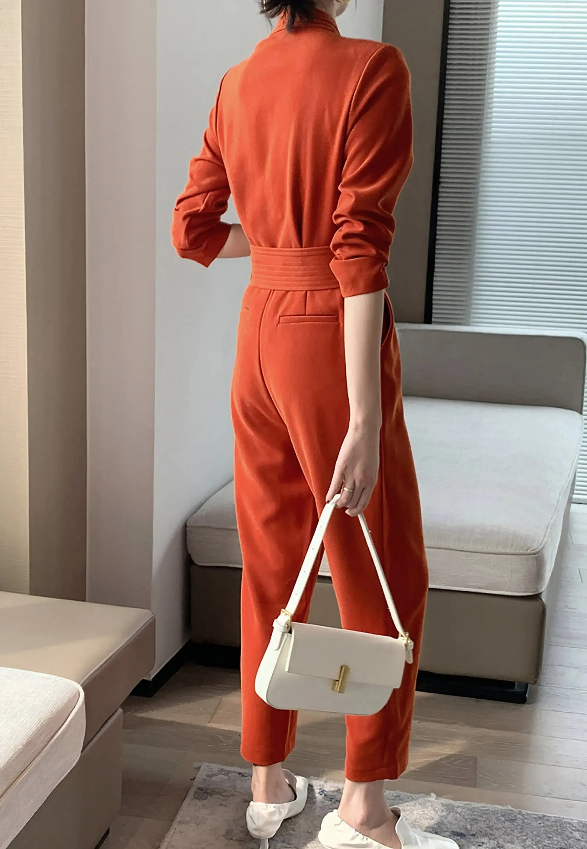 Long Sleeve Cropped Bottom Belted Jumpsuit