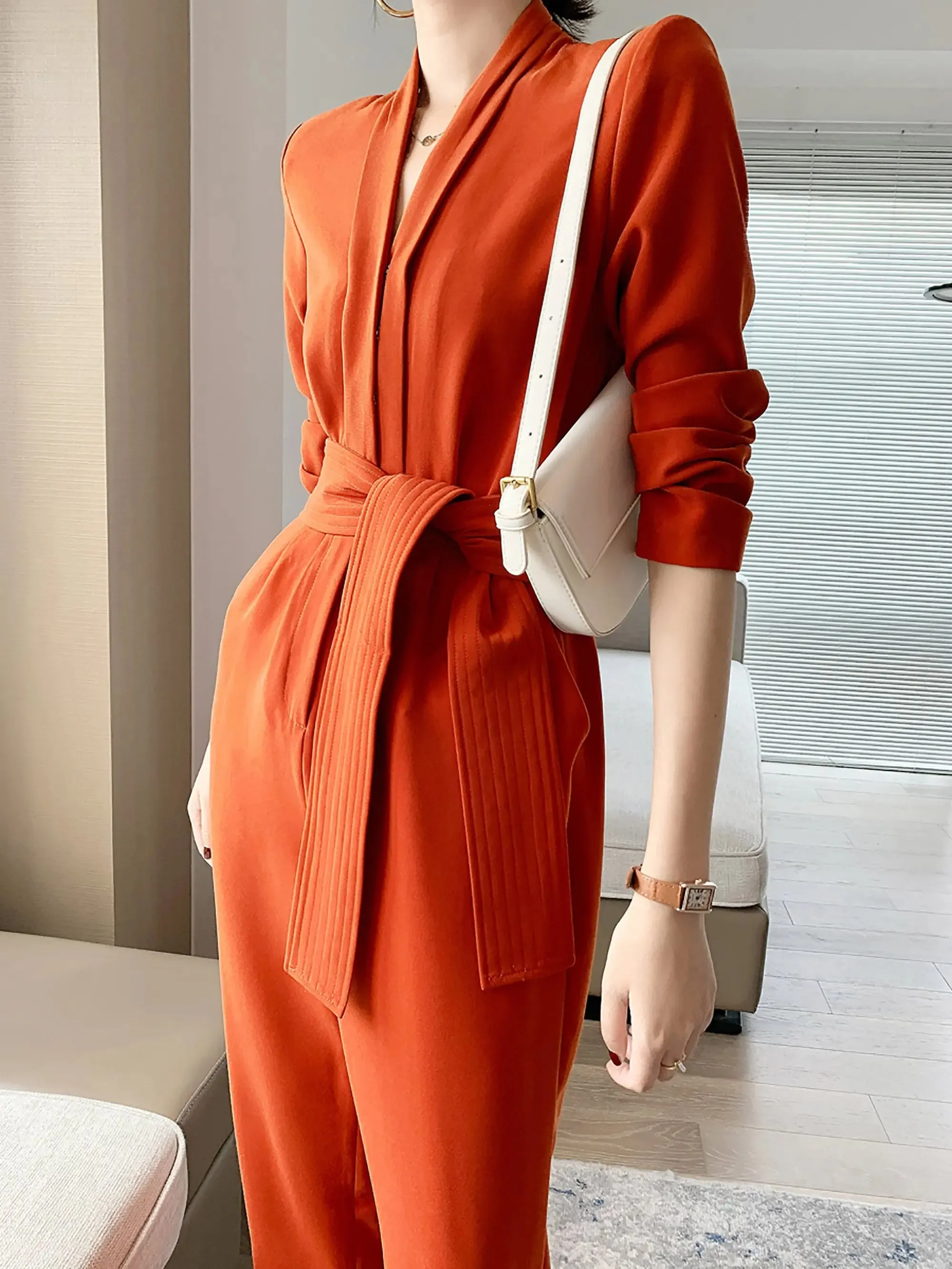 Long Sleeve Cropped Bottom Belted Jumpsuit