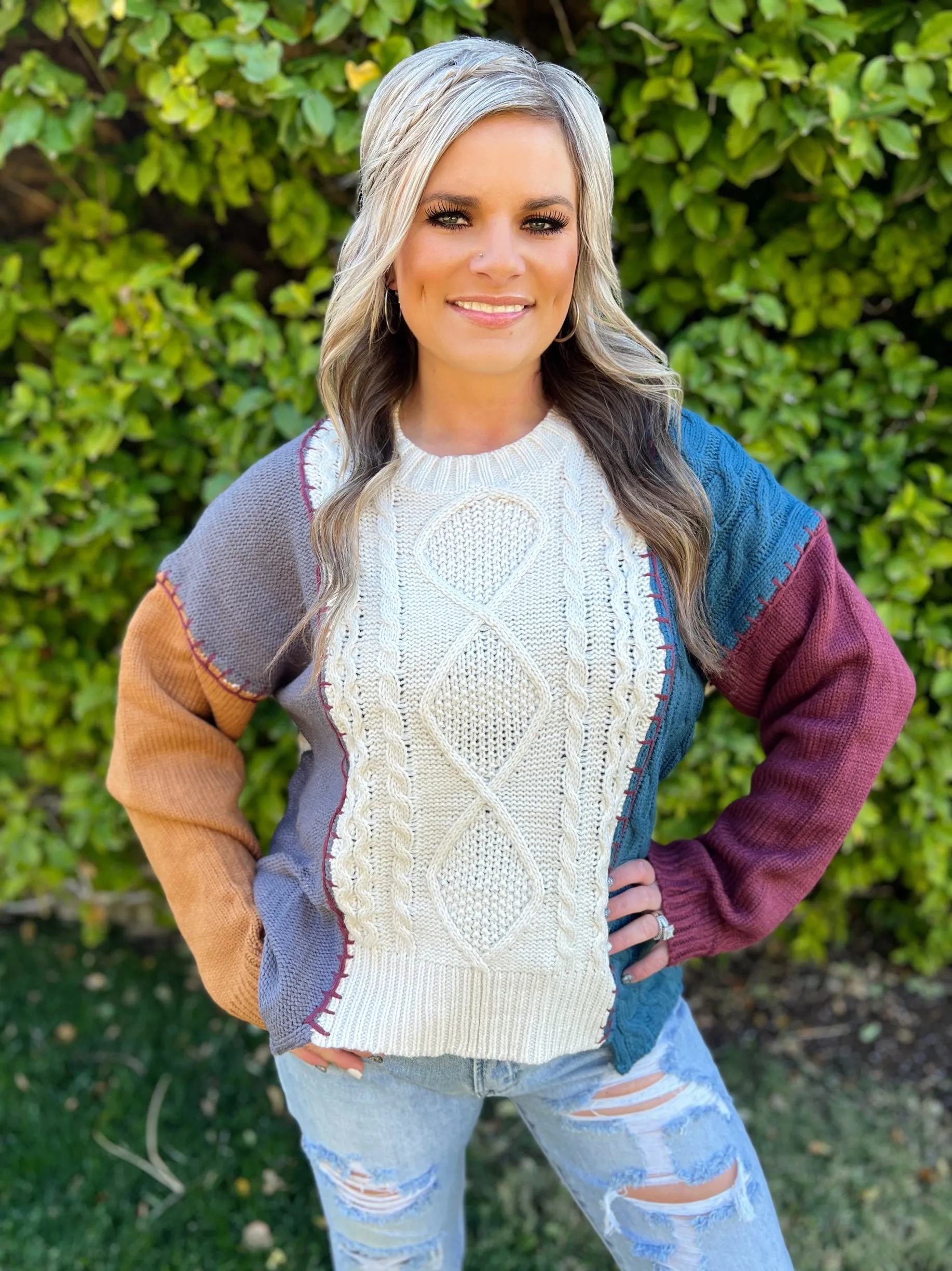 Long Sleeve Knit Color Block Sweater Top