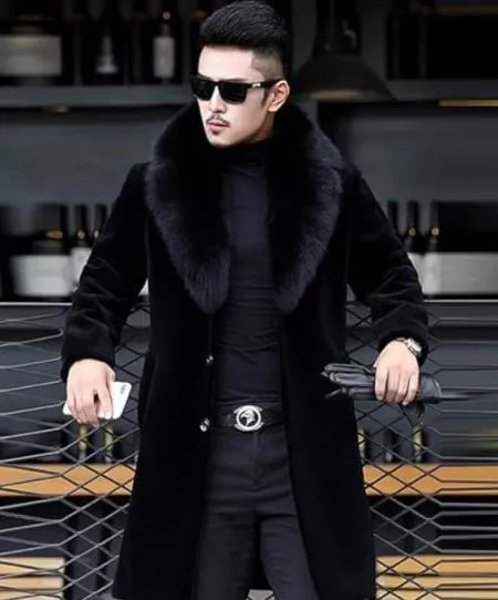 Men Long Faux Fur Coat Black