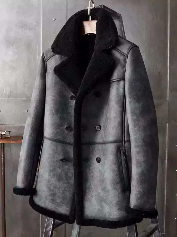 Mens B3 Shearling Long Coat Overcoat B3 Hunting Jacket