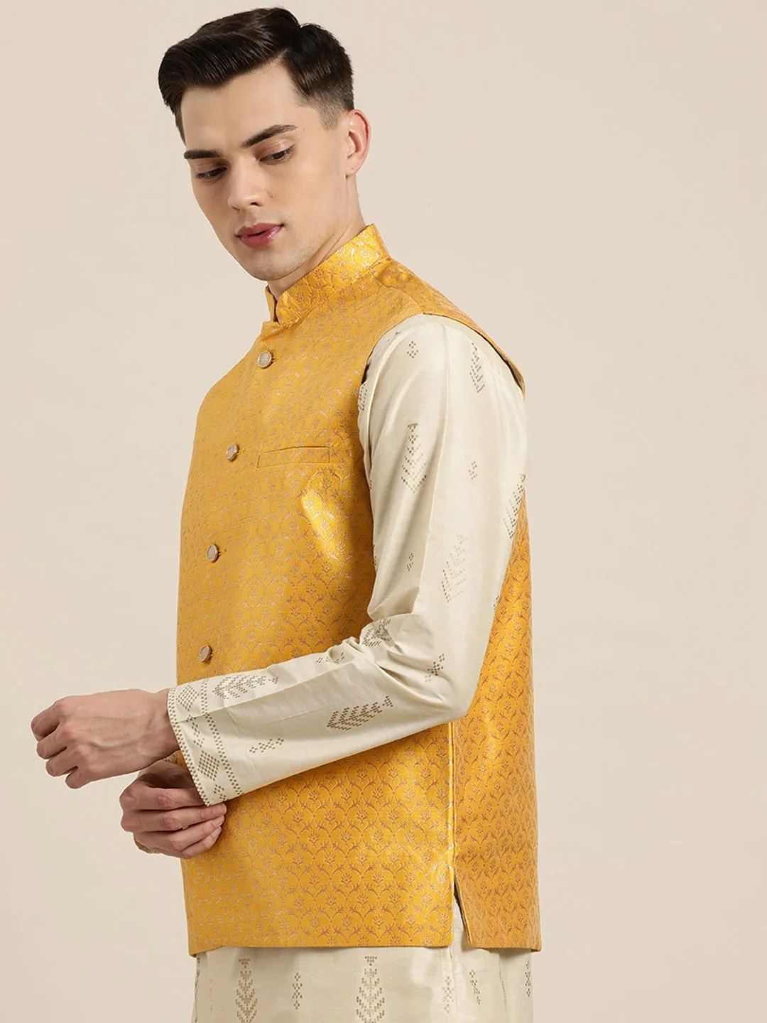 Men's Silk Blend Mustard & Gold Self Design Only Nehrujacket - Sojanya