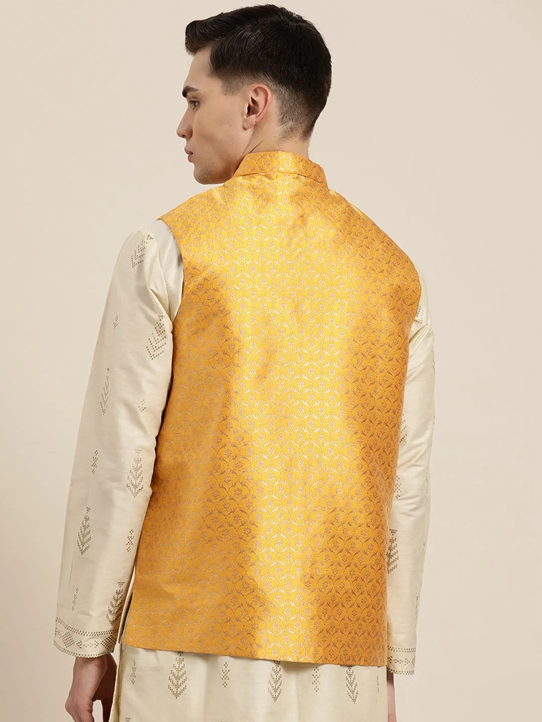 Men's Silk Blend Mustard & Gold Self Design Only Nehrujacket - Sojanya