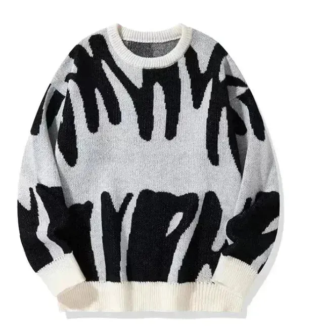 Men's Timeless B&W Knit Sweater with Classic Round Neck