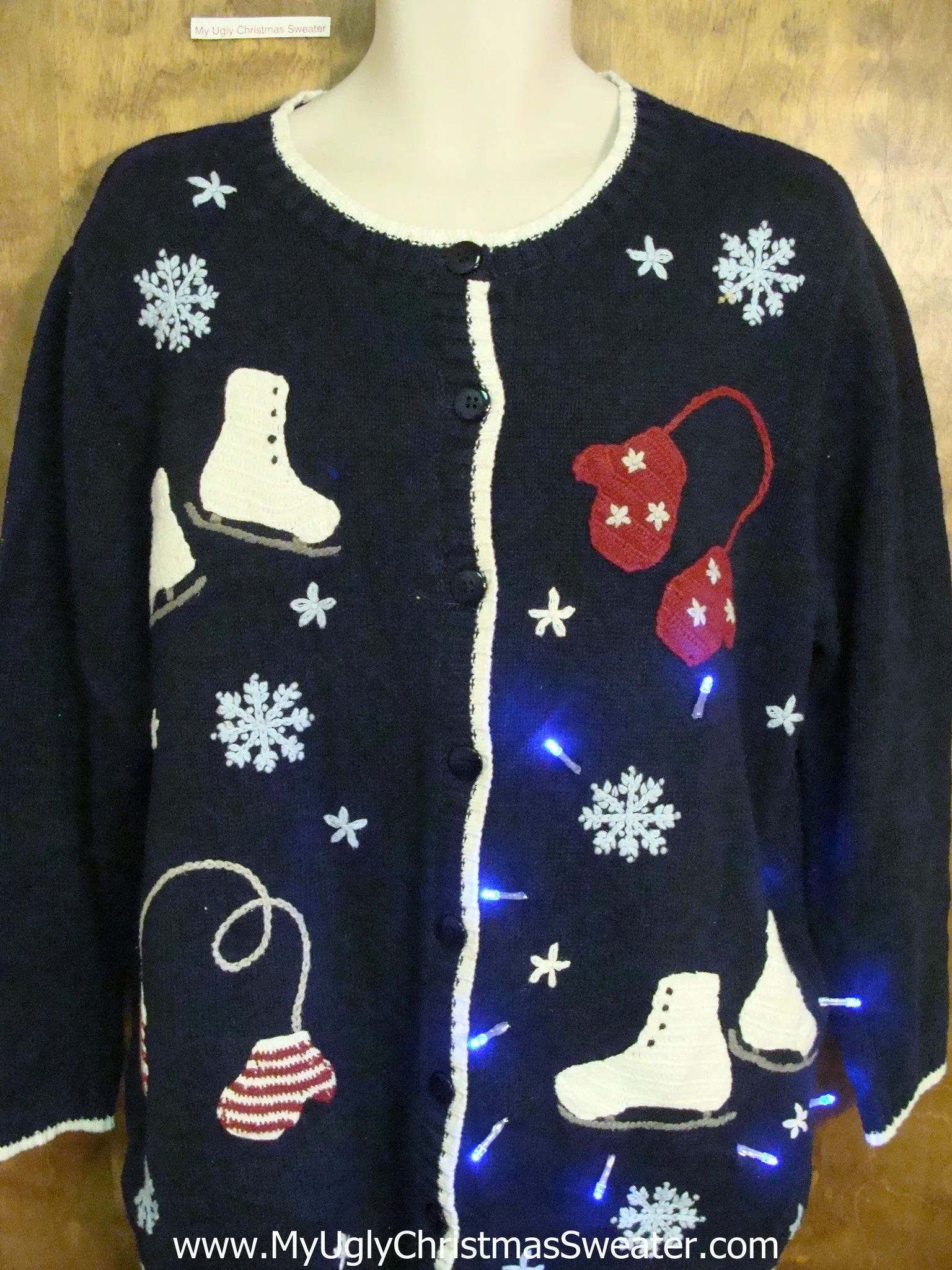 Mittens and Ice Skates Light Up Ugly Xmas Sweater