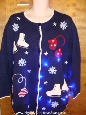 Mittens and Ice Skates Light Up Ugly Xmas Sweater