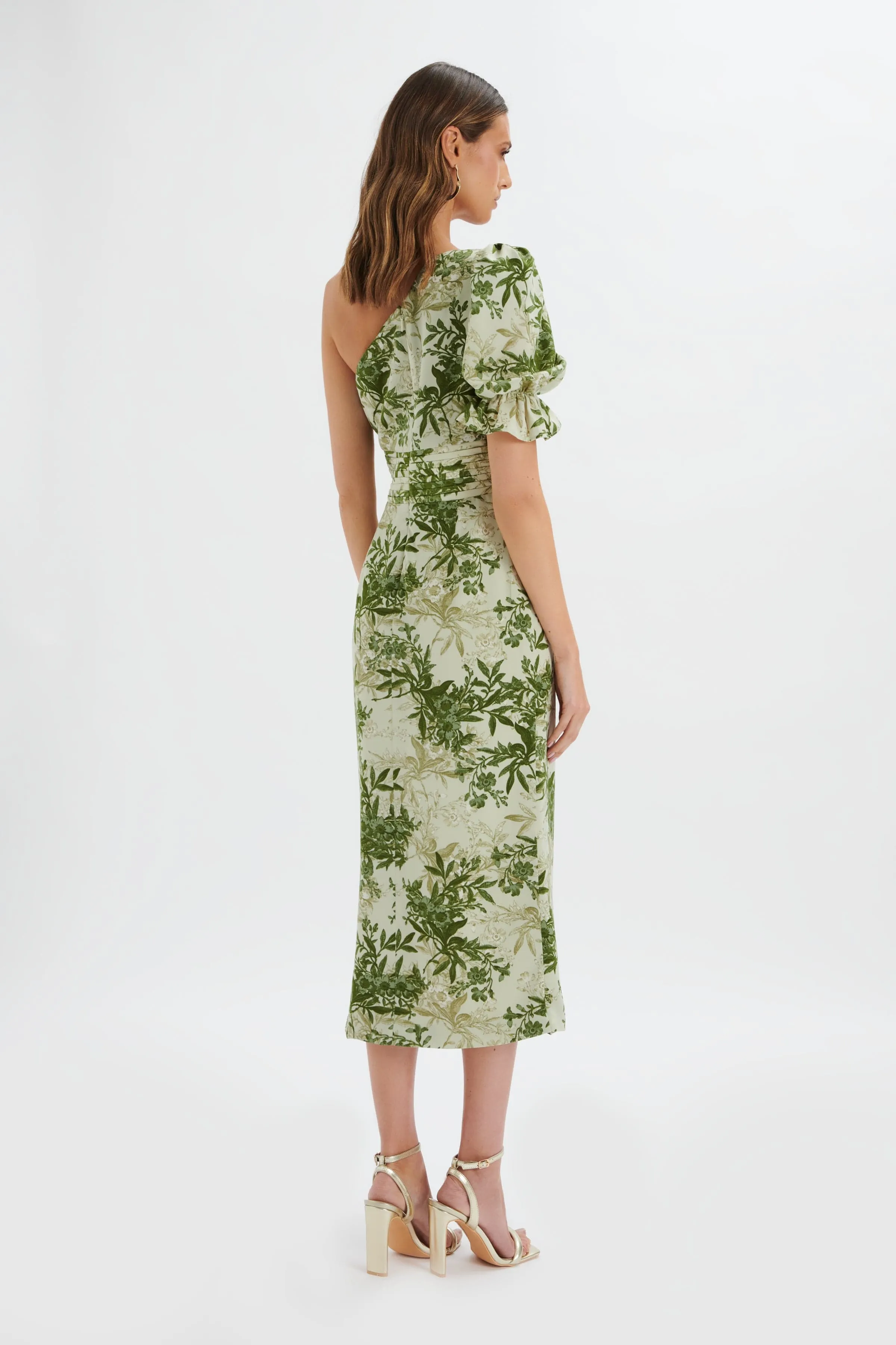 NAKIA Asymmetric Puff Sleeve Midi Dress in Botanical Print