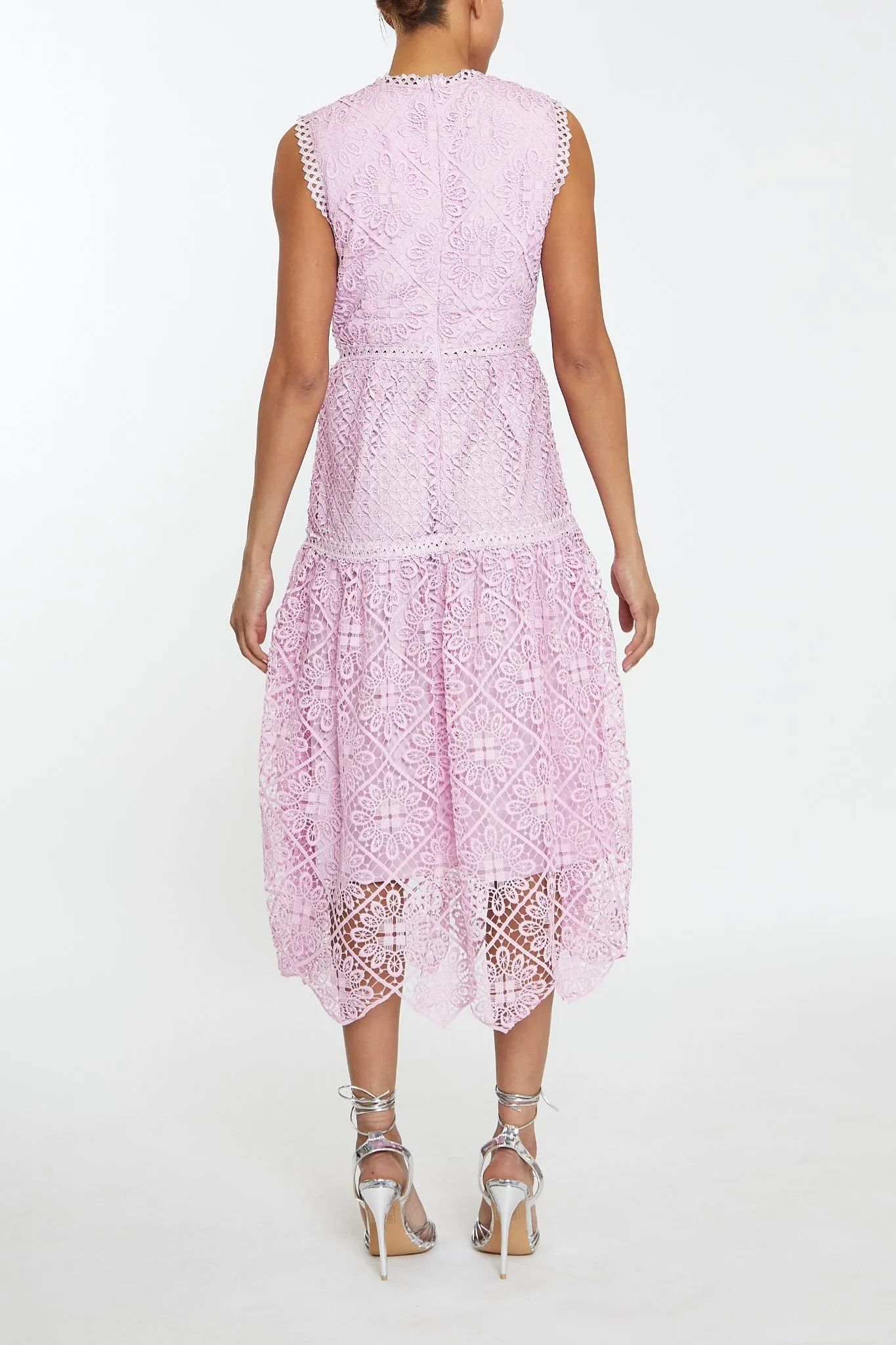 Natalia Candy-Pink Mixed Lace Peplum Midi-Dress