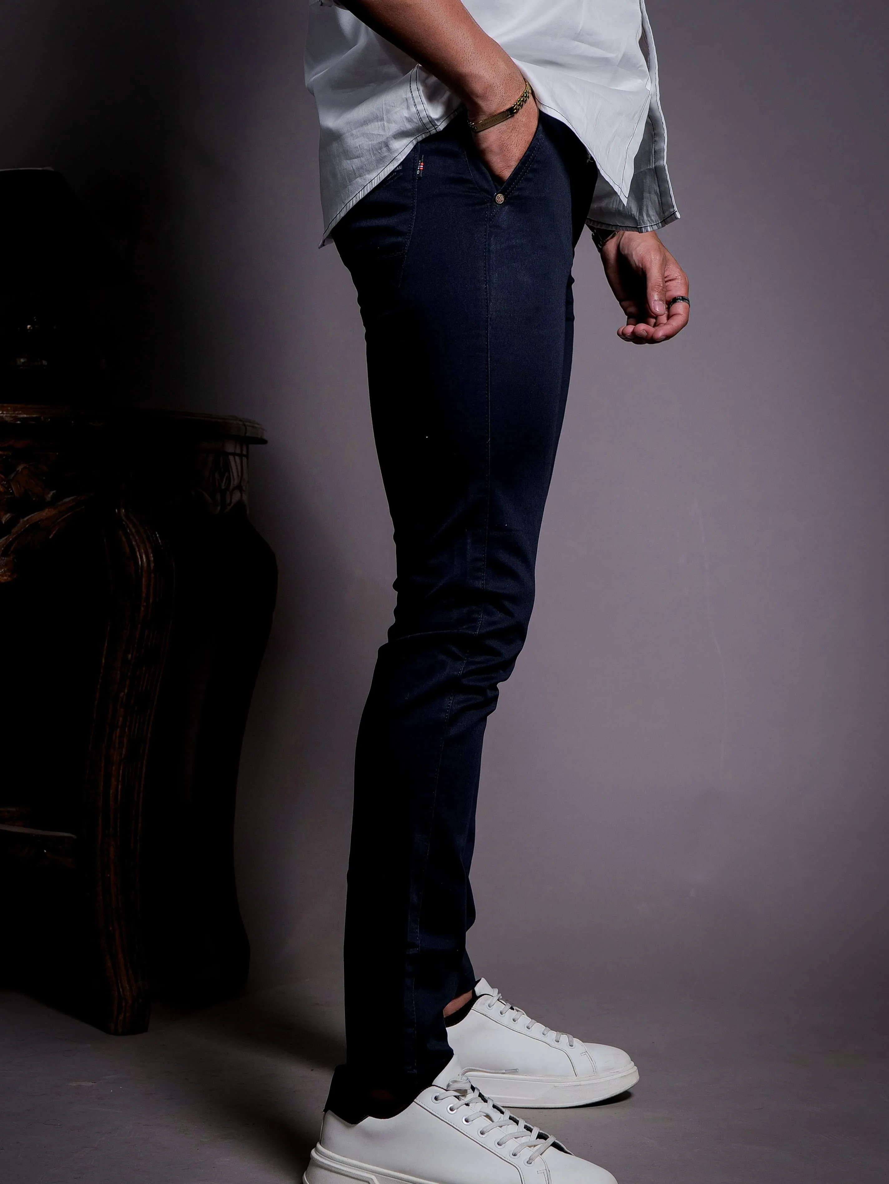 Navy Blue Stretch Cotton Chinos