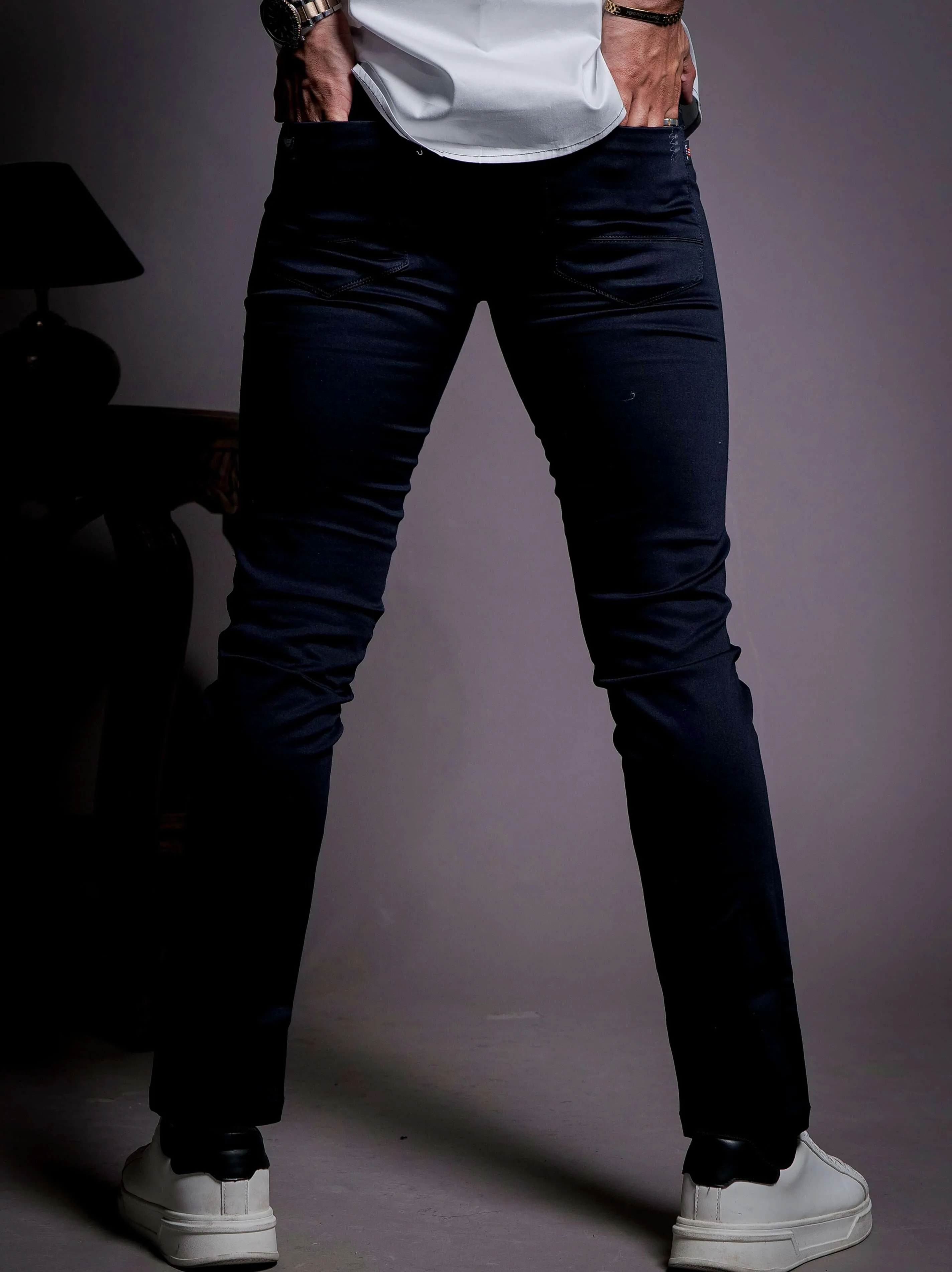 Navy Blue Stretch Cotton Chinos