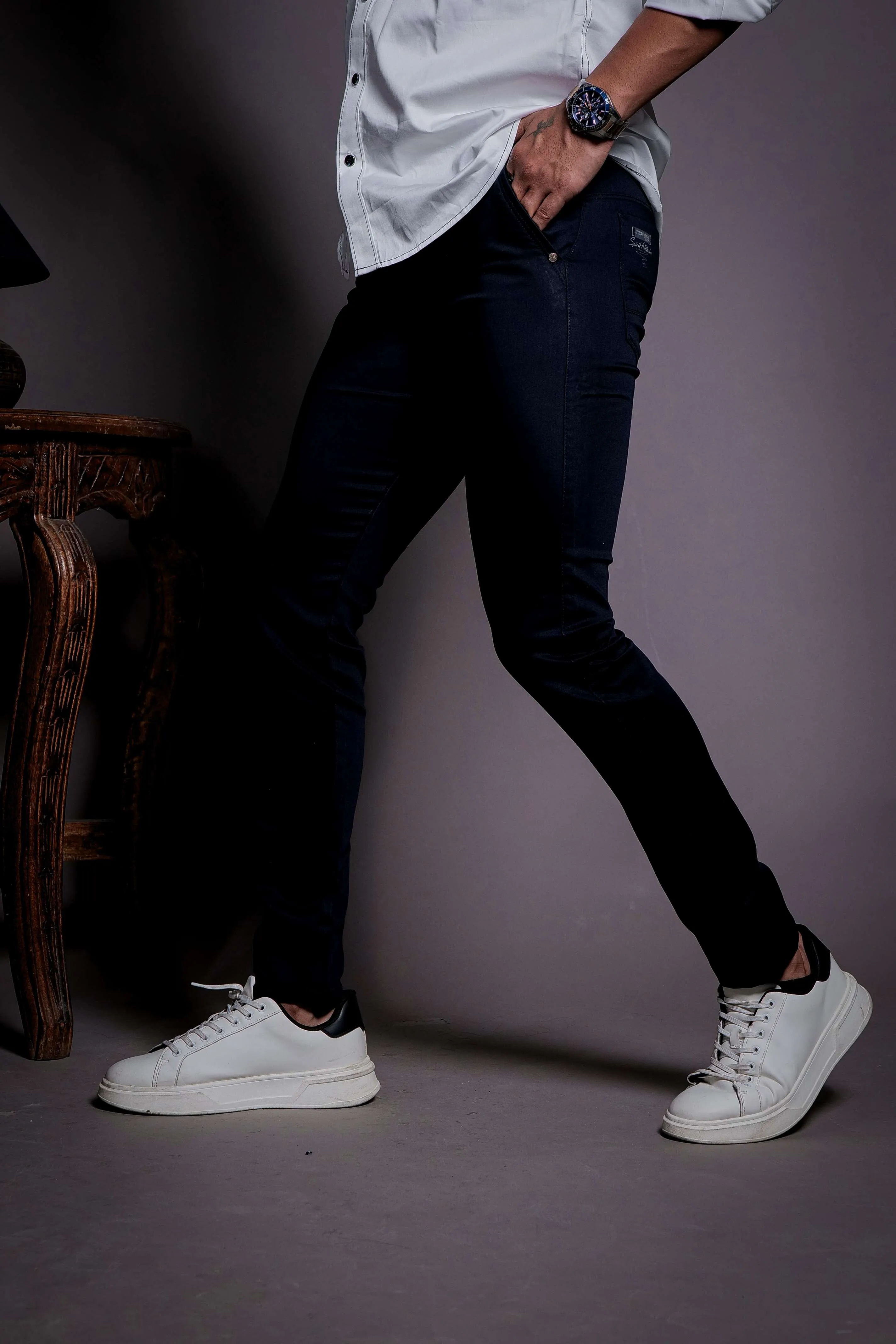 Navy Blue Stretch Cotton Chinos