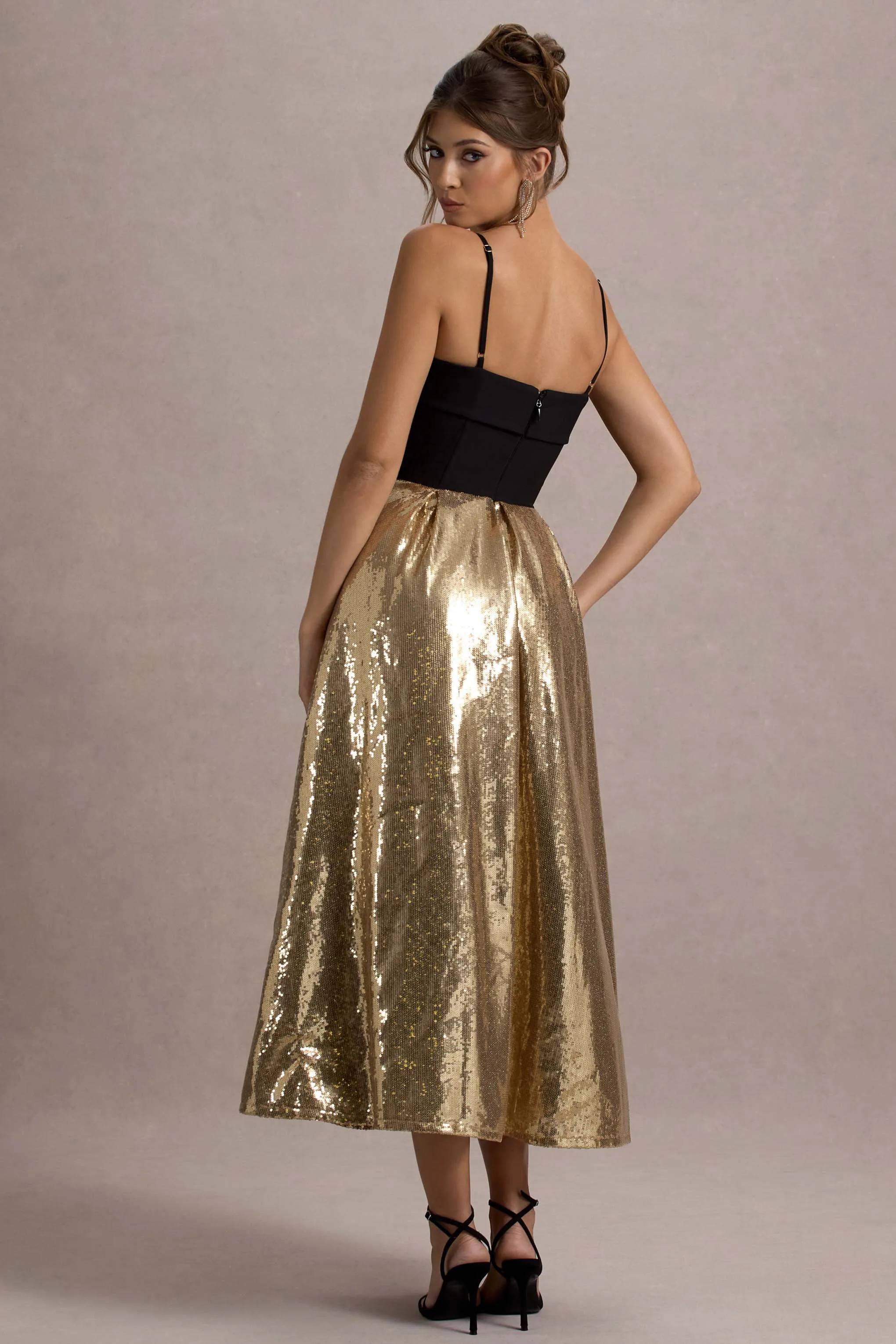 Nicci | Black & Gold Strappy Midi Dress With Sequin Skirt