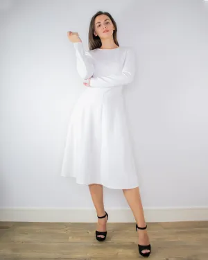 Nora White Midi Dress with Sleeves - White Skater Dress