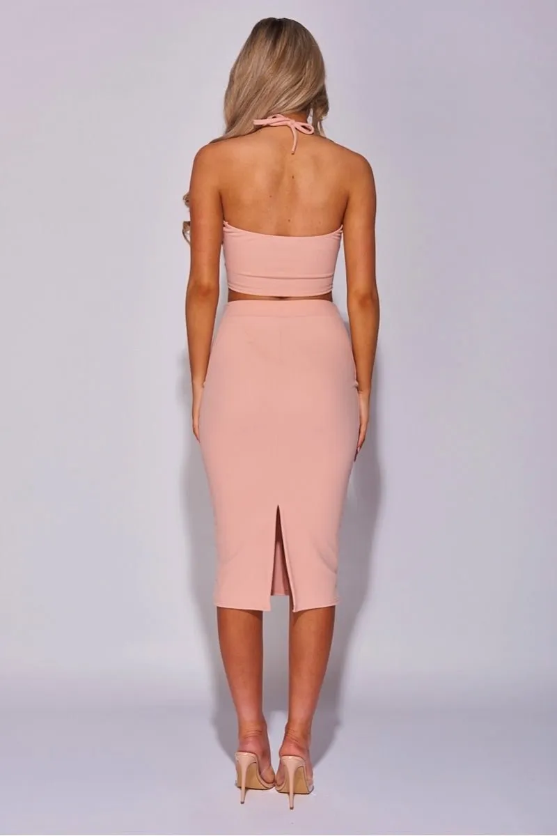 Nude Keyhole Halterneck Crop Top & Midi Skirt