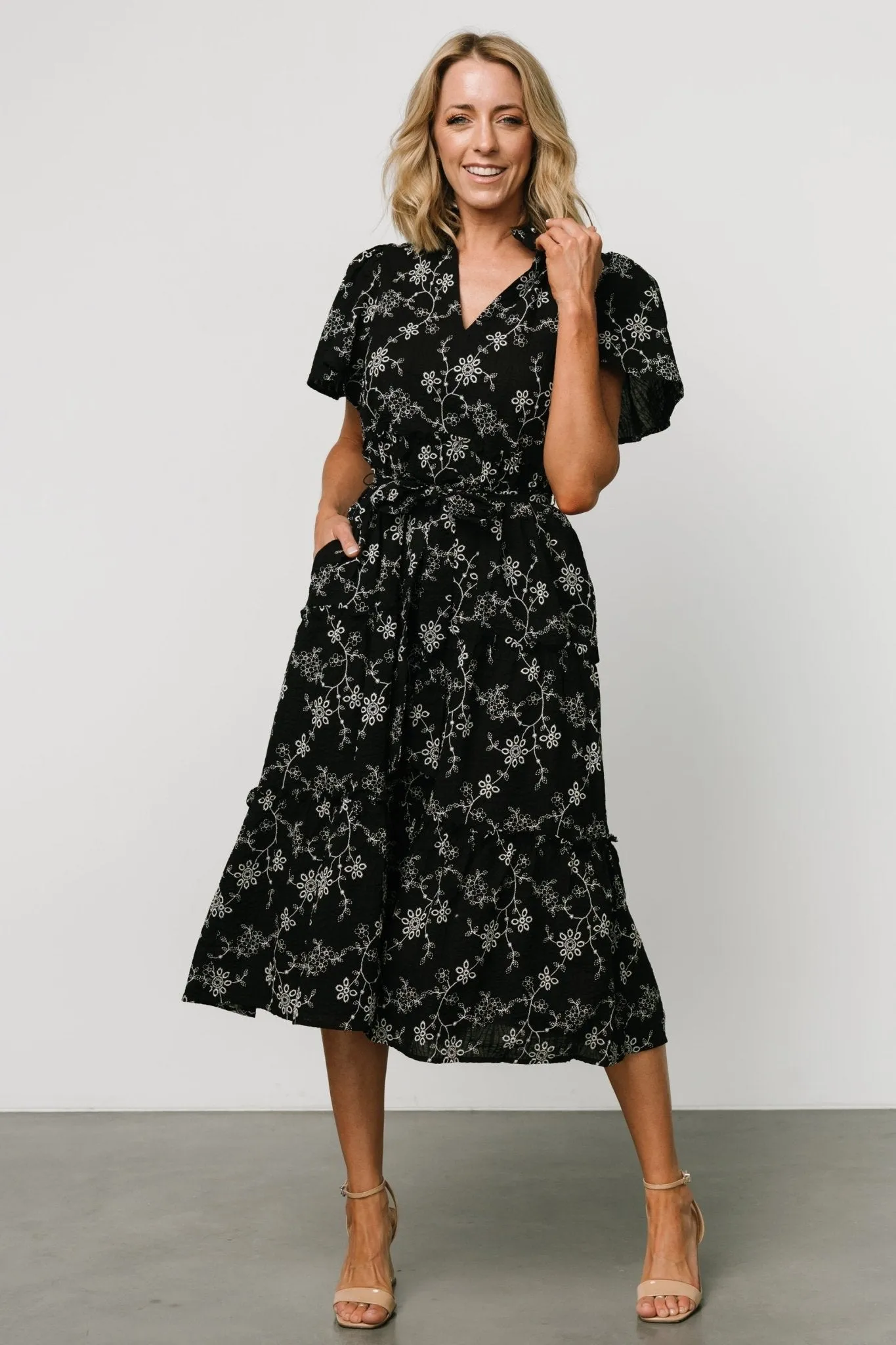 Odeya Tiered Midi Dress | Black   White