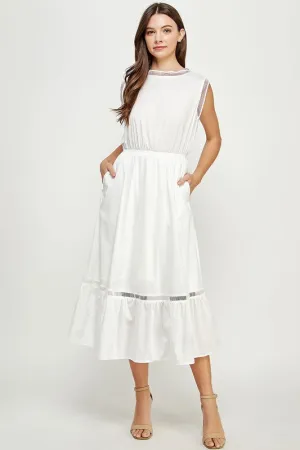 Off White Ladder Trim Detail Poplin Dress