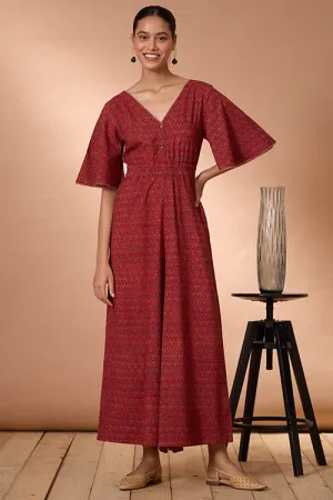 Okhai "Burnt Copper" Handblock Printed Ajrakh Pure Cotton Half-Sleeved Jumpsuit