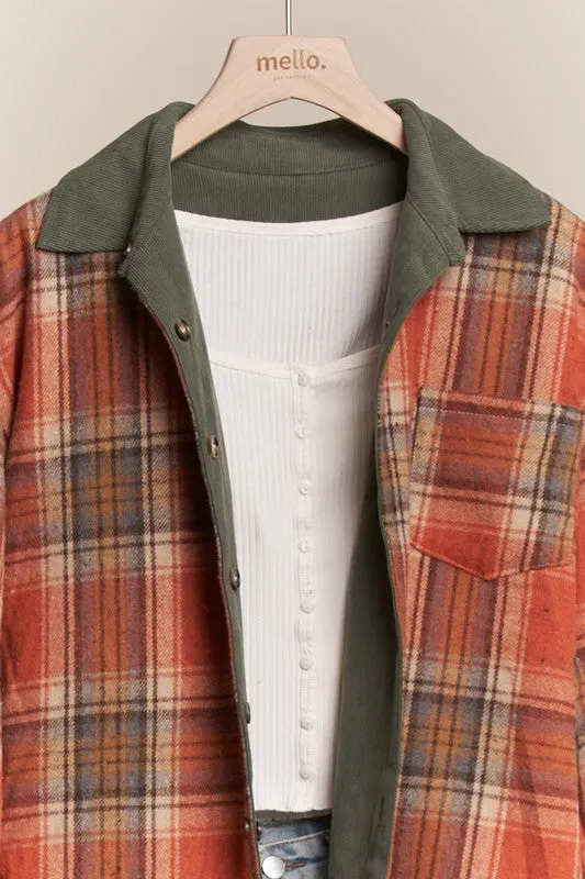 Olive & Rust Plaid Reversible Corduroy Shacket