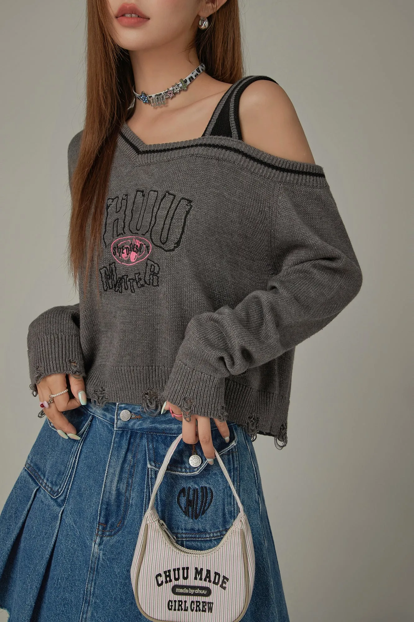 One Shoulder Cropped Loose Fit Knit Sweater