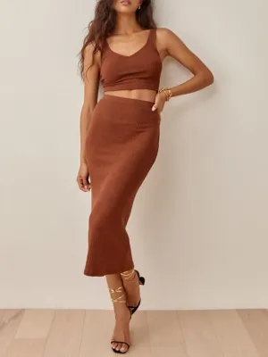 Outfit Set Women's Two Piece Sexy Casual Wide Strap Crop Top and High Waist Midi Skirt Brown