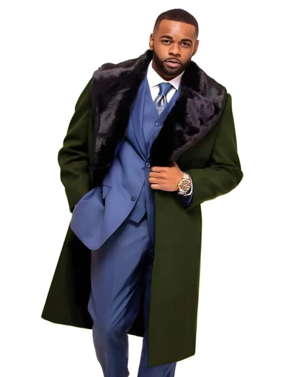 Overcoat ~ Long men's Dress Topcoat - Winter coat With Fur Collar Dark Olive And Wool Fabric