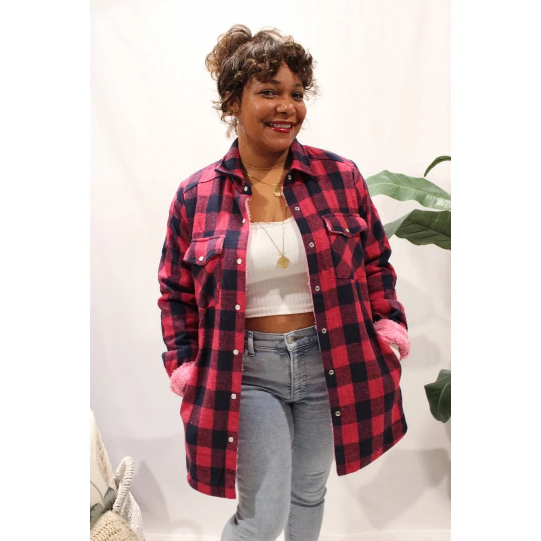 Oversized Pink Plaid Sherpa Shacket