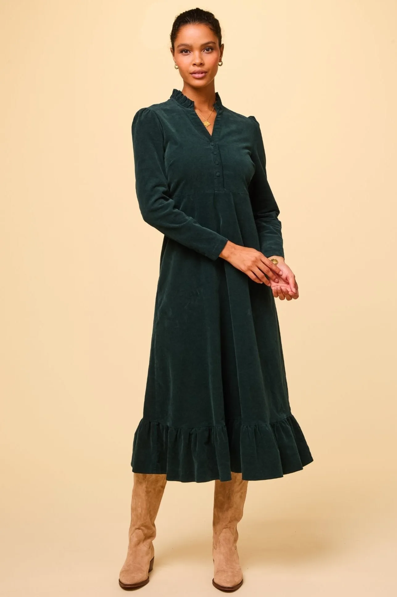 Percy Midi Stretch Corduroy Dress | Bottle Green