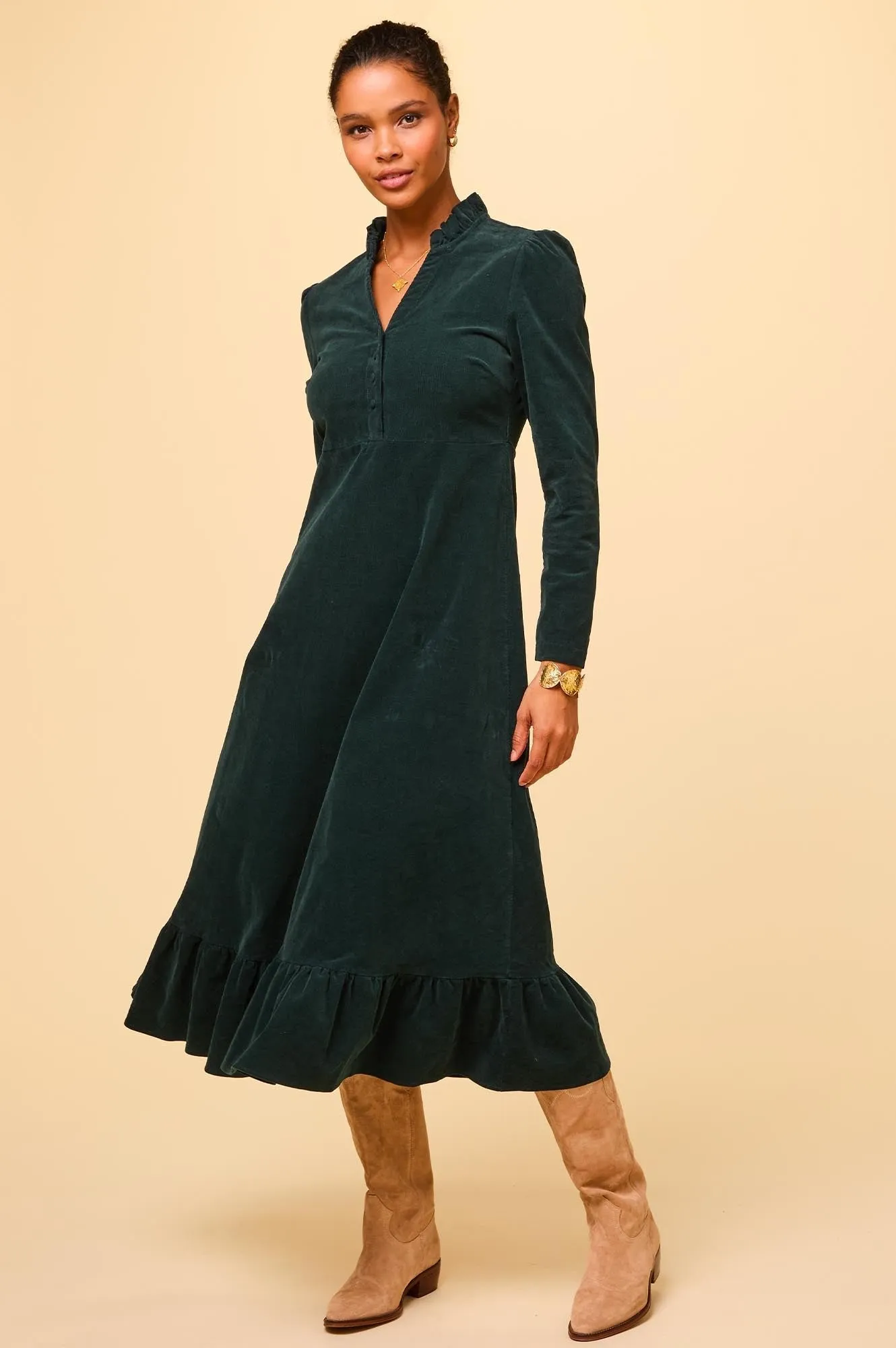 Percy Midi Stretch Corduroy Dress | Bottle Green