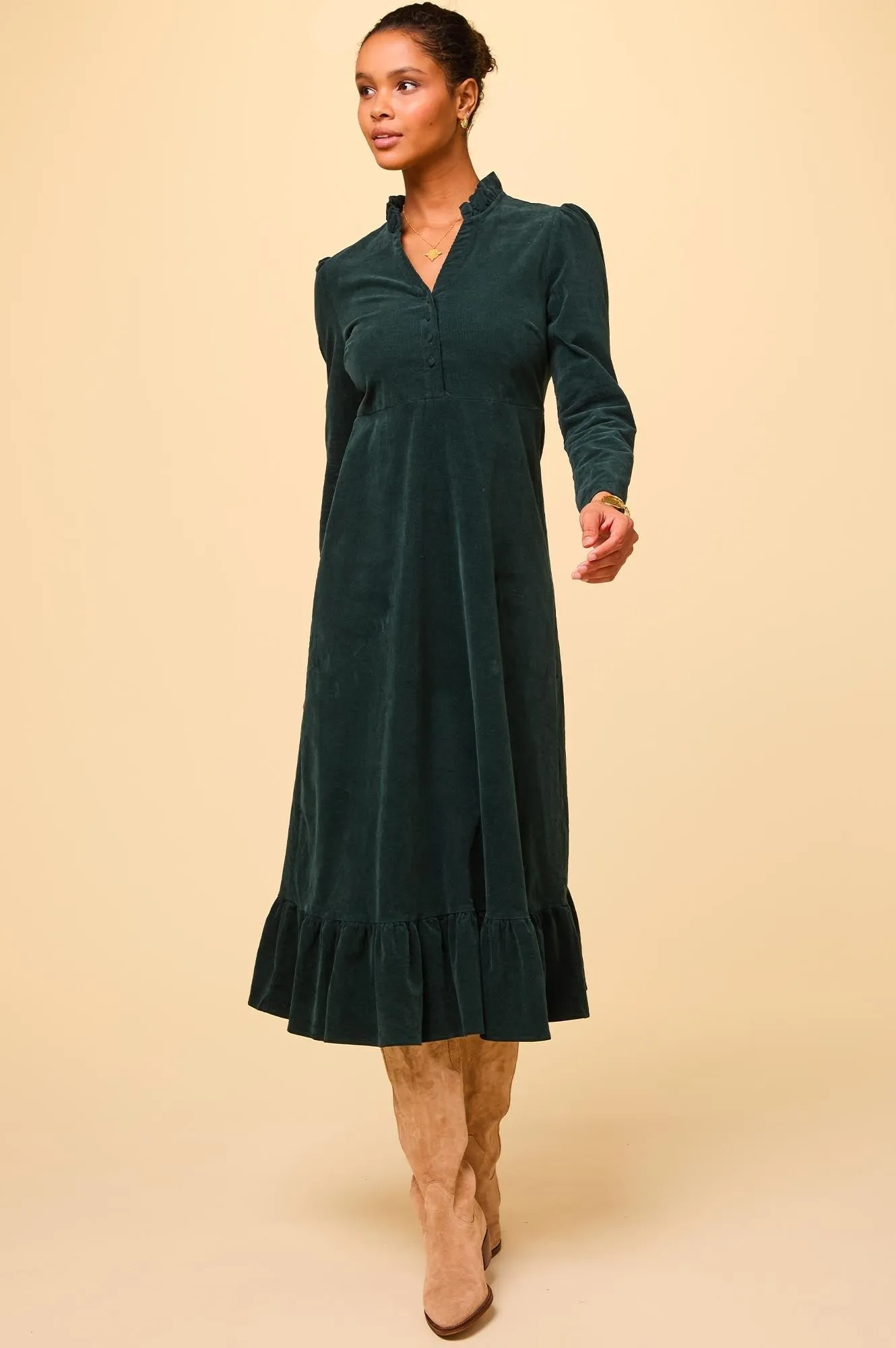 Percy Midi Stretch Corduroy Dress | Bottle Green