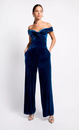 Petrol Velvet Bardot Jumpsuit by Vogue Williams